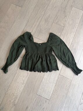 American Eagle Outfitters Olive Green Smocked Peplum Eyelet Blouse